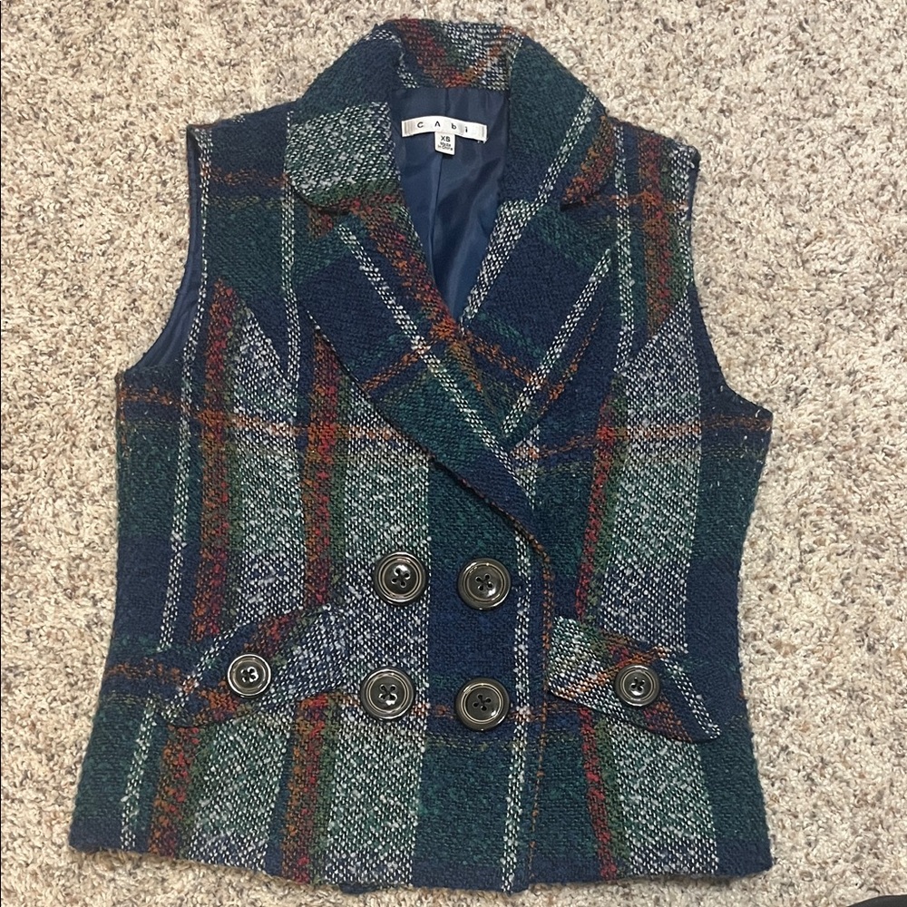 CAbi 908 Joyfall Me Tweed Wool Plaid Double Breasted Vest size XS